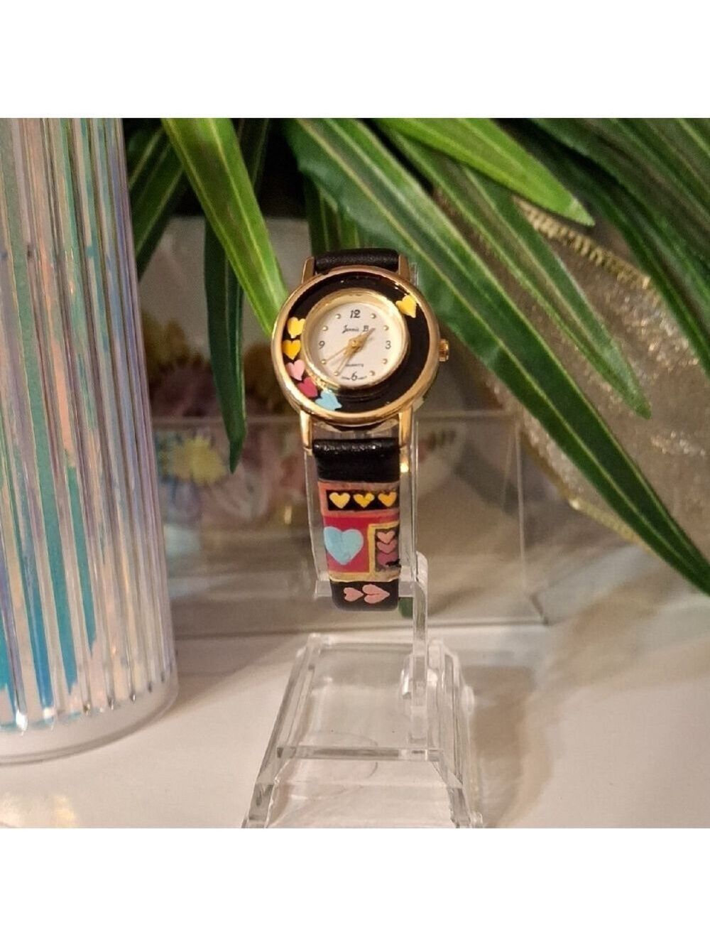 Jennie b.  Painted Hearts Gold and Black Wearable Watch New Battery Works
